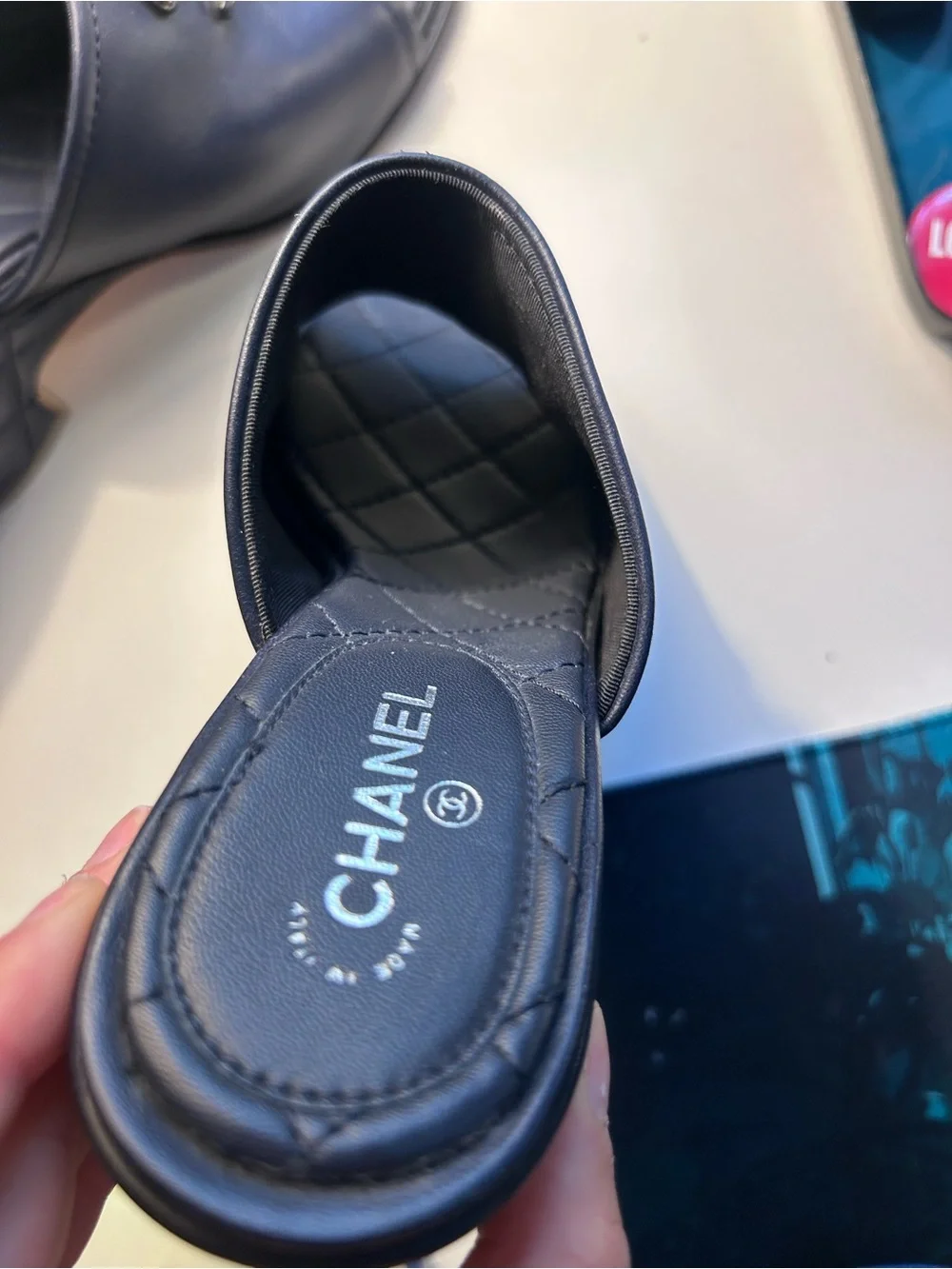 CHANEL Black Quilted Leather Open-Toe Mule with Silver CC